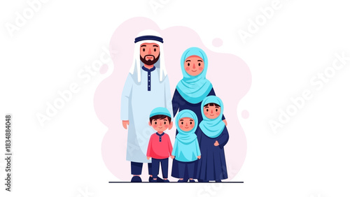 Traditional Arab Muslim family portrait showcasing parents and children in cultural dress, symbolizing strong family bonds and heritage