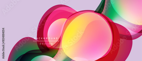Abstract fluid shapes overlap, creating vibrant color gradients. Soft pinks, greens, yellows blend seamlessly. Modern design element.
