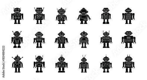 A collection of diverse black and white robot icons in a grid arrangement