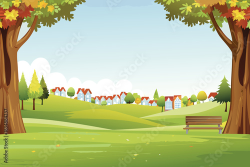 a scenic landscape with trees framing a view of a village scene