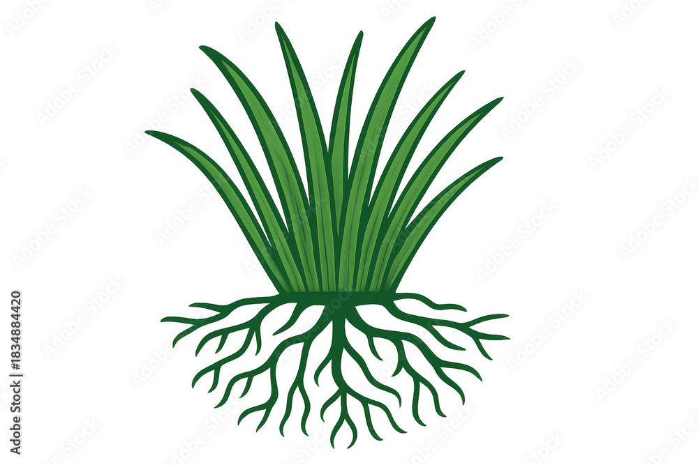 Fototapeta premium Green grass tuft illustration with roots on transparent background, representing growth and nature elements