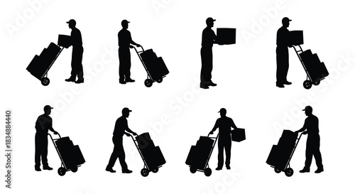Silhouettes of people carrying parcels and luggage with hand trucks
