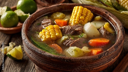 Traditional Mexican caldo de res beef soup corn on the cob chayote carrots and cabbage served in a steaming clay bowl with lime wedges