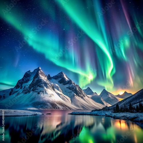 Vibrant aurora borealis dances over snowcapped mountain range reflection