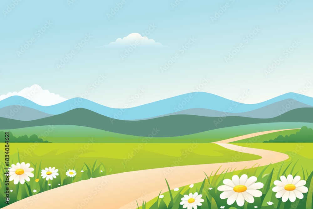 Obraz premium a winding path leads through a lush green valley towards distant mountains