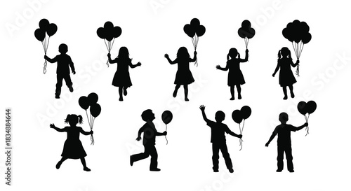Children holding balloons and celebrating depicted as dark silhouettes against white