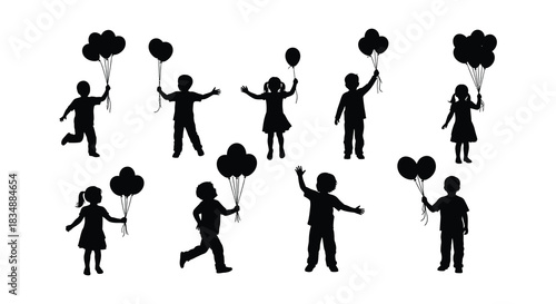 Children holding balloons and celebrating depicted as dark silhouettes against white