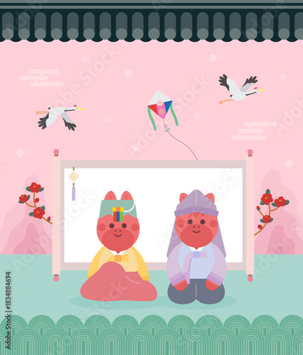 귀여운 설날 새해복 한복 입은 붉은 말 캐릭터 전통 일러스트