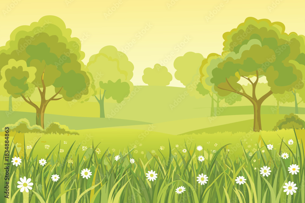 Naklejka premium a vibrant green landscape with lush trees and delicate white wildflowers blooms