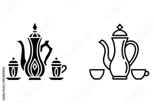 Stylized graphic icons of ornate middle eastern coffee pots and cups, representing traditional beverage service and cultural heritage, isolated on white.