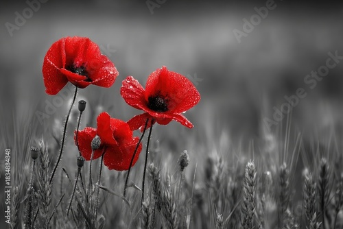 Three vibrant red poppies stand out against a black and white blurred background of wheat
