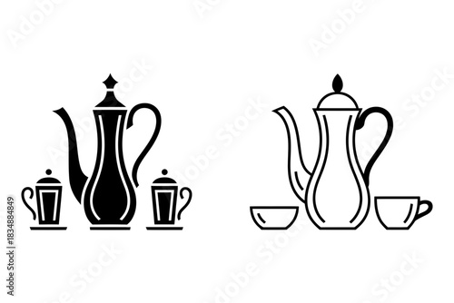 Elegant coffee or tea set with ornate serving pot, sugar bowl, and cups, depicted in both solid black silhouette and clean outline styles.