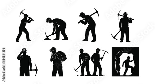 Silhouettes of miners working with various tools in a dark setting