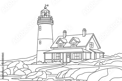 Outline drawing of a lighthouse and keeper's house on a rocky coastline, evoking maritime heritage and navigational aid.