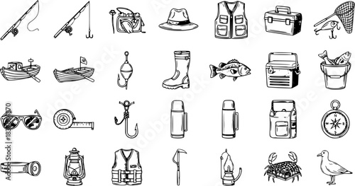 Hand-drawn Sketch Fishing and Outdoor Equipment Icons Set - Rods, Boats, Coolers, Compass, Fish  Marine Gear Vector Illustrations
