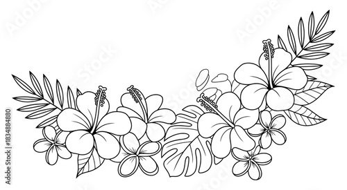Tropical floral arrangement outline with hibiscus and plumeria flowers and palm leaves, isolated on white background for design