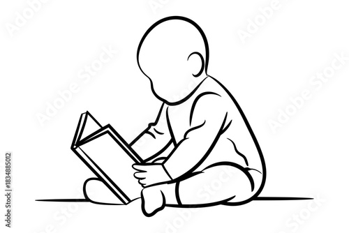 A minimalist line art illustration of a baby sitting and reading an open book, symbolizing early education, learning, and childhood development.