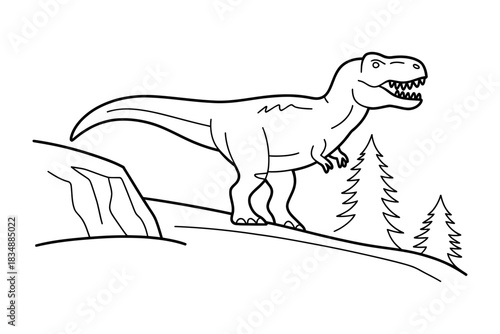 Line art illustration of a tyrannosaurus rex dinosaur standing on a hill with trees and rock formations, a prehistoric creature in outline for coloring.