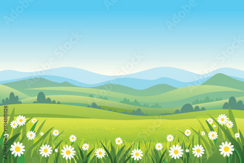 a serene landscape showcasing rolling green hills distant mountains and wildflowers high quality
