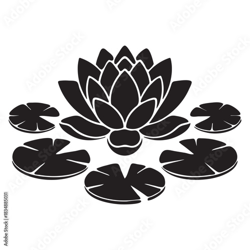 Black silhouette of a lotus flower with lily pads water lily