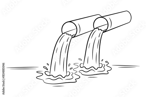 Two parallel pipes discharging water into a body of water, creating ripples and splashes, illustration, clean lines, simple graphic art