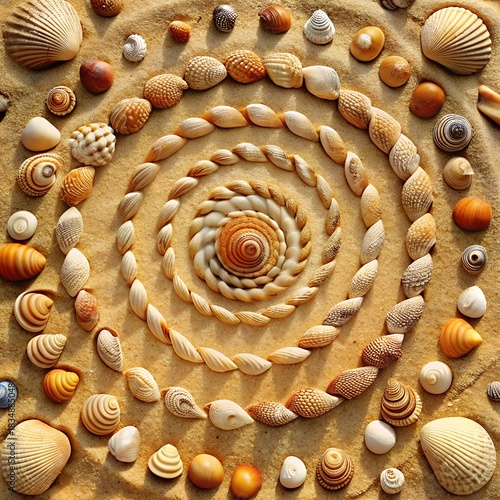 Seashell spiral arrangement on textured sand background from above