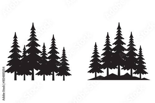Silhouette of evergreen conifer trees forming dense forest clusters, isolated graphic elements against a clean white background, nature scene.