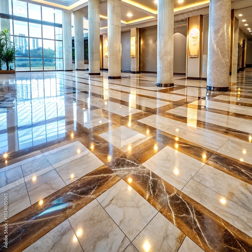 Luxurious marble floor interior with polished reflection in lobby