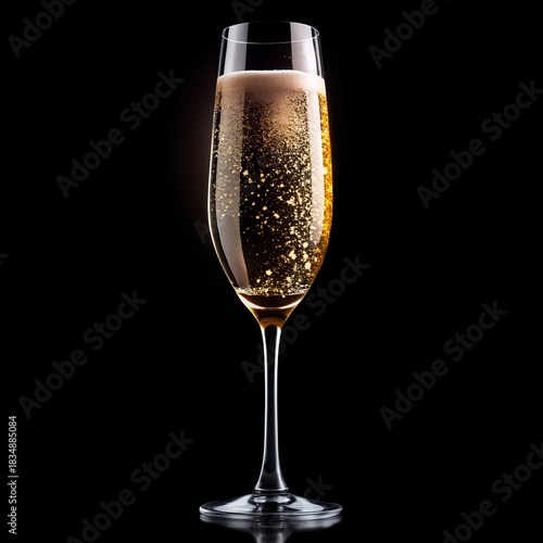 Elegant glass of sparkling champagne with golden bubbles on black
