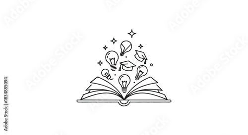 Line Art Illustration of Open Book with Glowing Ideas and Graduation Caps