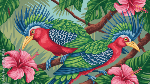 Exotic birds of paradise with tropical flowers banner