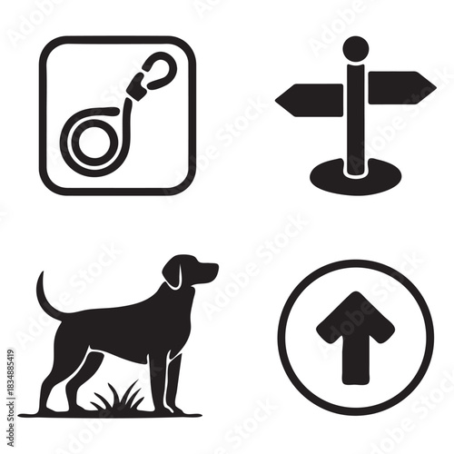 Collection of four icons: dog leash, signpost, dog, and arrow Keywords: dog, leash, signpost