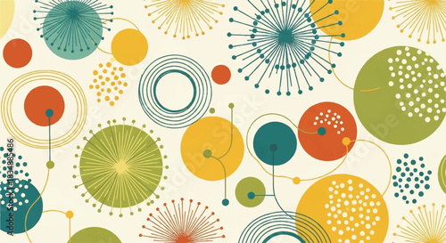 Mid-Century Modern Seamless Geometric Pattern with Abstract Circles and Dots