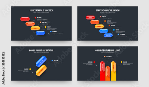 Advertising Strategy Four Five Two Three Element Diagram Slideshow Design Vector Illustration Bundle. Business Briefing 4 5 2 3 Option Infographic Slide Template Set.
