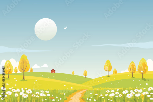 A peaceful autumn landscape featuring rolling green hills trees and a bright