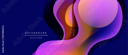 Abstract fluid shapes blend vibrant purple, orange hues. Dark blue background provides striking contrast. Modern design element.