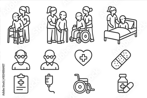 Linear icons representing essential elements of healthcare, patient assistance, and geriatric services