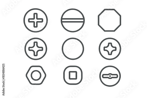 Variety of screw head types, bolt fasteners, and nuts used in mechanical engineering