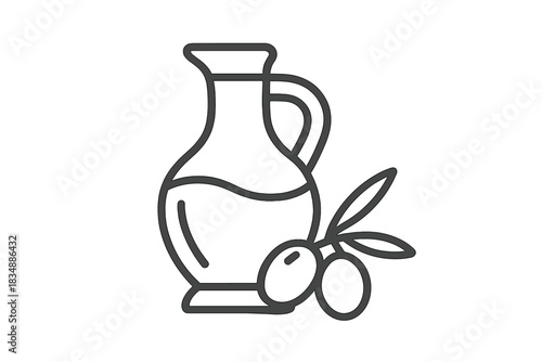 Simple outline drawing of an olive oil carafe beside fresh olives and leaves