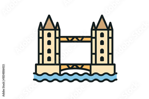 Stylized historical bridge structure spanning the river in London England