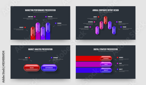 Corporate Portfolio Four Five Two Three Step Diagram Slide Design Vector Illustration Set. Product Visualization 4 5 2 3 Option Infographic Presentation Template Bundle.