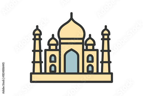 The iconic Taj Mahal mausoleum and minarets, a famous landmark located in Agra, India