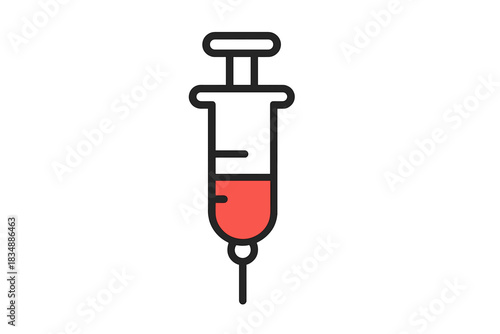 Detailed medical syringe containing red fluid used for injection, vaccination, or blood draw procedure