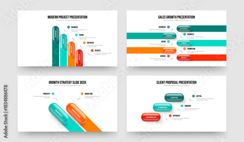 Corporate Planning Four Five Two Three Element Infographic Slideshow Template Vector Illustration Bundle. Service Growth 4 5 2 3 Step Diagram Slide Layout Set.