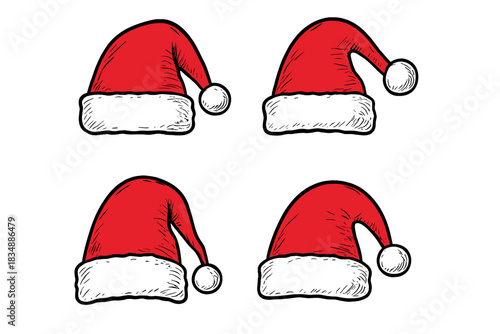 Set of four festive red and white Santa Claus caps for winter holidays