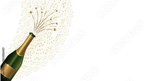 Celebratory champagne bottle with exploding stars and confetti, perfect for vibrant New Year's Eve party invitations or festive event promotions