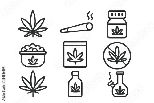 Minimal outline icons of cannabis leaves, smoking accessories, and medicinal products
