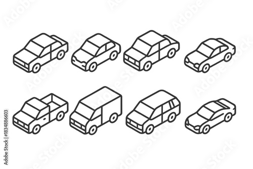 Collection of eight transportation vehicles in minimalist isometric outline