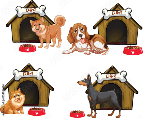 Cute Dogs with Dog Houses and Food Bowls