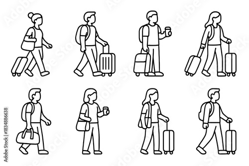 Minimalist set of diverse people walking with luggage and carrying travel bags